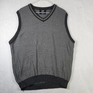 Vtg Lee Sport Sweater Vest L Gray Black Knit USA Made Pullover‎ 90s Grunge